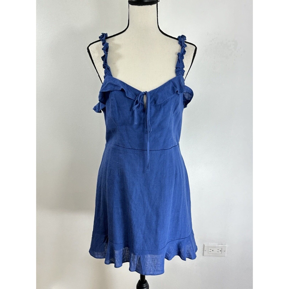 Lulus Spaghetti  Straps Mini Dress Linen Blend Blue Sz L